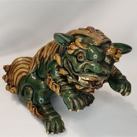 Chinese Foo Dogs, Pair, Green and brown, Unique, Rare - Picture 4 of 12